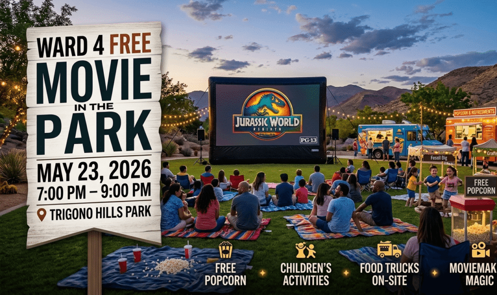 A promotional graphic for the Ward 4 Free Movie in the Park event in Las Vegas. The image displays details for a screening of "Jurassic World: Rebirth" on May 23, 2026, at Trigono Hills Park. It highlights free popcorn, children's activities, and food trucks, with a reminder to bring low chairs and blankets.A promotional graphic for the Ward 4 Free Movie in the Park event in Las Vegas. The image displays details for a screening of "Jurassic World: Rebirth" on May 23, 2026, at Trigono Hills Park. It highlights free popcorn, children's activities, and food trucks, with a reminder to bring low chairs and blankets.
